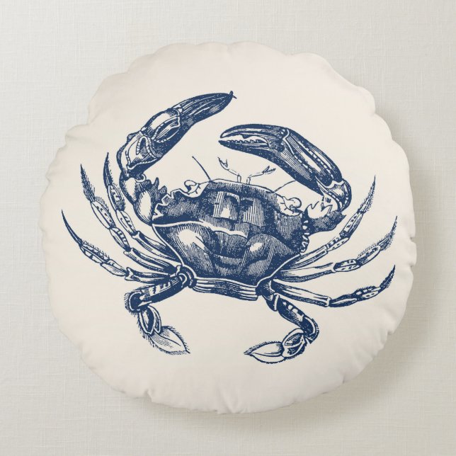  Crab Illustration Navy Blue op Cream Rond Kussen (Voorkant)