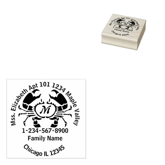 Crab Line Art Monogram Home Contact Info Rubberstempel (Gestempeld)