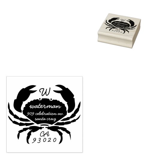 Crab Monogram Achternaam Script Retouradres Rubberstempel (Gestempeld)