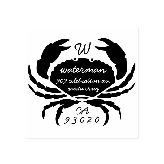 Crab Monogram Achternaam Script Retouradres Rubberstempel (Afrduk)
