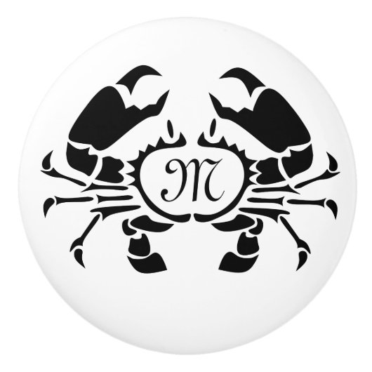 Crab Monogram in een Black Stencil Style Keramische Knop (Voorkant)