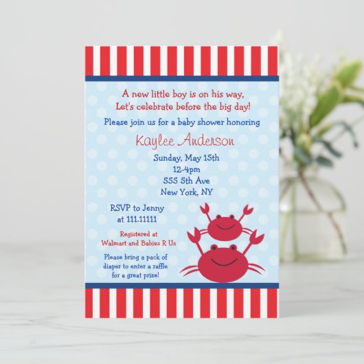 Crab Nautical Baby Shower-uitnodigingen Kaart (Staand voorkant)