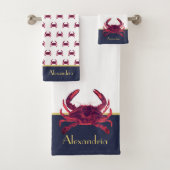 Crab Nautical Burgundy Maroon Red Gold Navy Blue Bad Handdoek (Insitu)