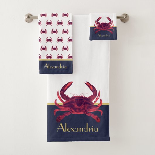 Crab Nautical Burgundy Maroon Red Gold Navy Blue Bad Handdoek (Insitu)