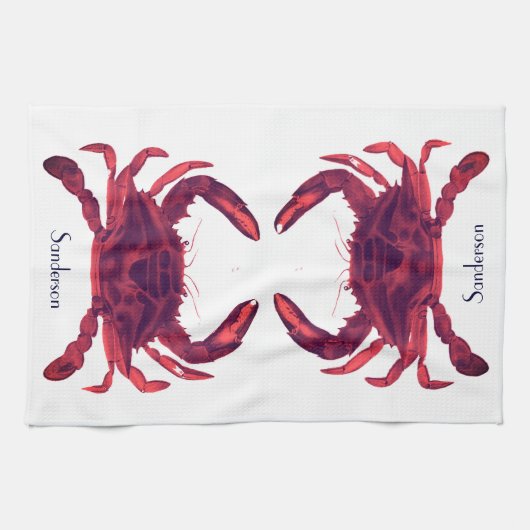 Crab Nautical Burgundy Maroon Red Theedoek (Horizontaal)