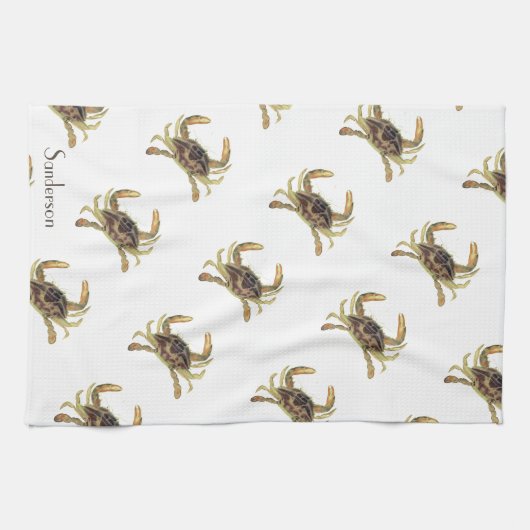 Crab Nautical Coastal Tan Khaki Sandy Kitchen Tow Theedoek (Horizontaal)