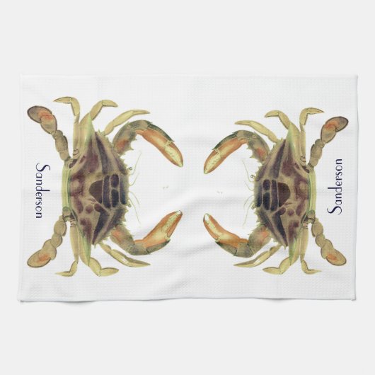 Crab Nautical Coastal Tan Khaki Sandy Theedoek (Horizontaal)