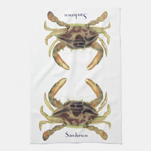 Crab Nautical Coastal Tan Khaki Sandy Theedoek (Verticaal)