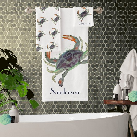 Crab Nautical Grey Blue en Green Bath Towel Set Bad Handdoek