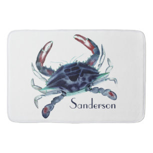 Crab Nautical Navy Blue en White Bath Mat