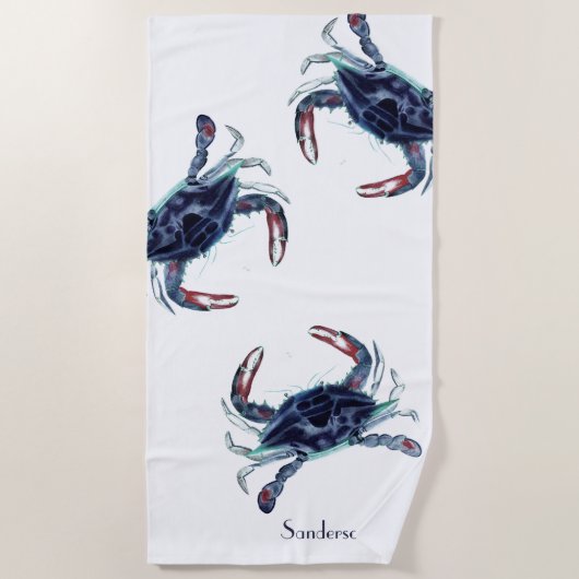 Crab Nautical Navy Blue en White Beach Towel Strandlaken (Voorkant)