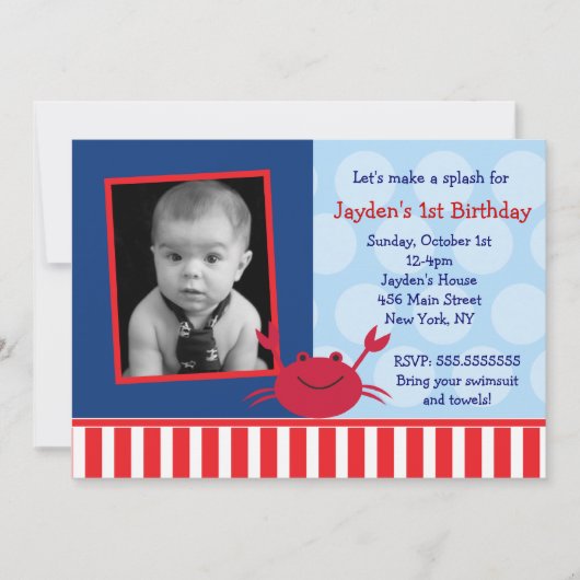 Crab Nautical Photo Birthday Invitations Kaart (Voorkant)
