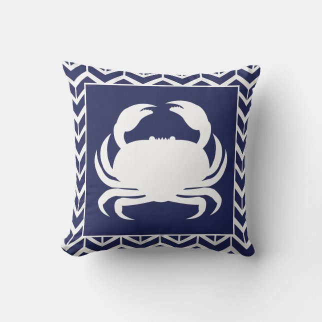 Crab Navy Blue en White Herringbone Nautical Pool Kussen (Voorkant)
