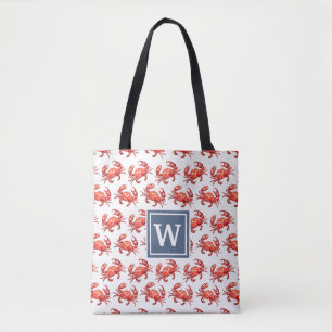 Crab Pattern Monogram Beach Tote Bag