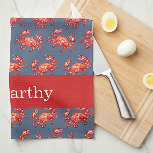 Crab Pattern Summer Beach Personalized Navy Theedoek (Quarter Fold)