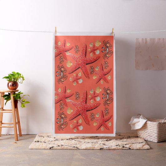 Crab Starfish Oranje Red Fabric Stof (Voorbeeld)