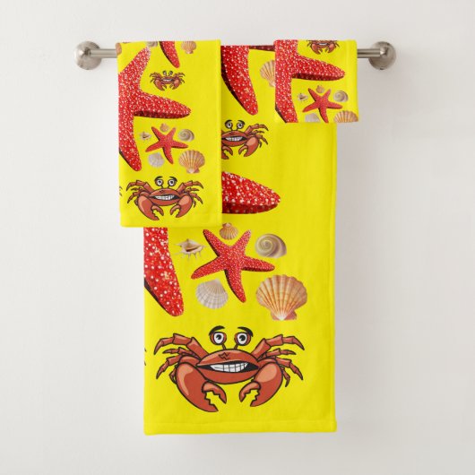 Crab Starfish Yellow Shelthroom Bad Handdoek (Insitu)
