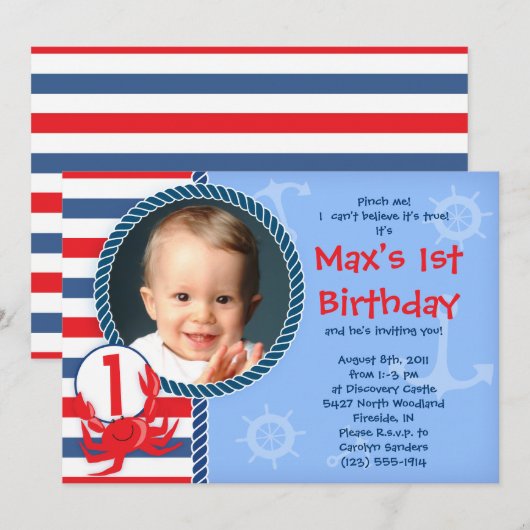 Crab Theenmaal Birthday Party Invitation Kaart (Voorkant / Achterkant)