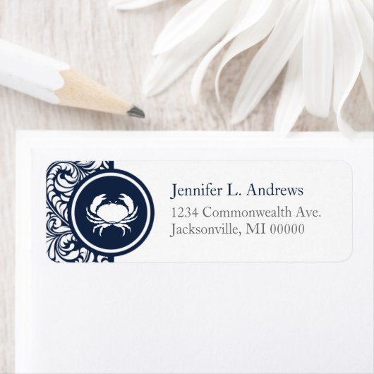 Crab Theme Navy Blue White Damask Beach Weddings Etiket (Insitu)