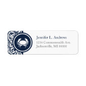 Crab Theme Navy Blue White Damask Beach Weddings Etiket (Voorkant)