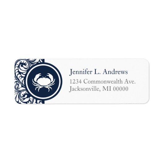 Crab Theme Navy Blue White Damask Beach Weddings Etiket (Voorkant)