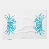Crab Woodblock Print Artisan Style Aqua Blue Theedoek (Horizontaal)