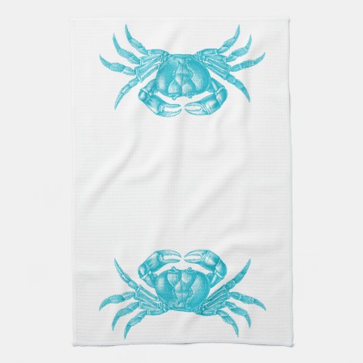 Crab Woodblock Print Artisan Style Aqua Blue Theedoek (Verticaal)