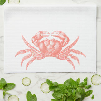 Crab Woodblock Print Artisan Style Coral Theedoek