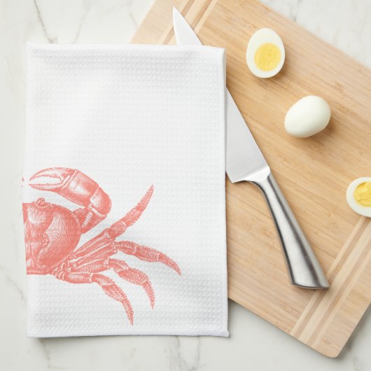 Crab Woodblock Print Artisan Style Coral Theedoek (Quarter Fold)