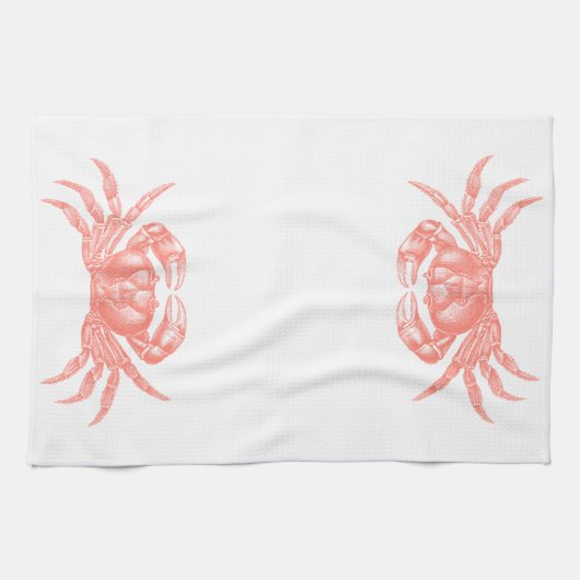 Crab Woodblock Print Artisan Style Coral Theedoek (Horizontaal)