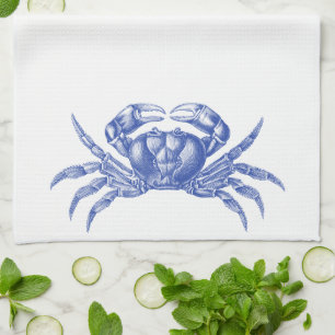 Crab Woodblock Print Artisan Style Nautical Blue Theedoek