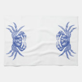 Crab Woodblock Print Artisan Style Nautical Blue Theedoek (Horizontaal)