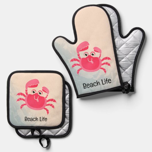Crabby Crab Design Oven Mitt & Pot Holder Set (Voorkant / Achterkant)