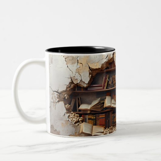 Crack in de muur boekenplank 3D-stijl Tweekleurige Koffiemok (Links)
