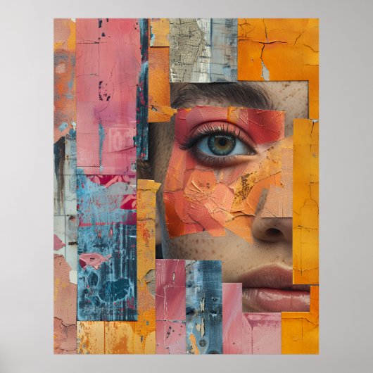 Cracked Paint Face Collage Vibrant Portrait Poster (Voorkant)