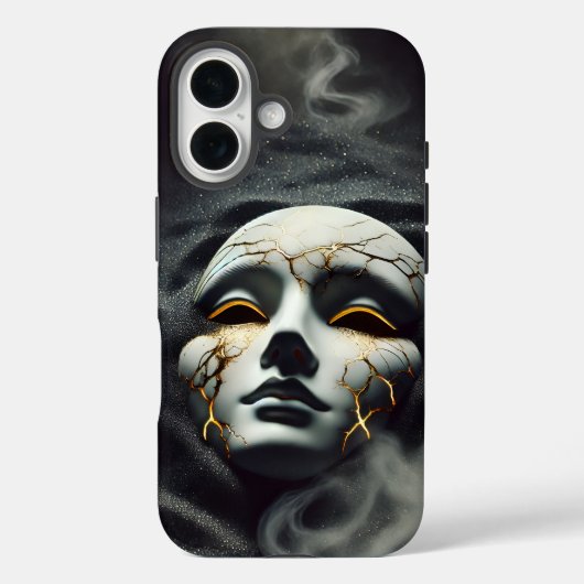 Cracked Porcelain Mask Dark iPhone 16 Tough Case (Achterkant)