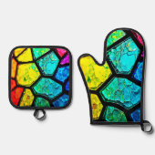 Cracked Rainbow Stained Glass Art Ovenwant & Pannenlap Set (Voorkant)