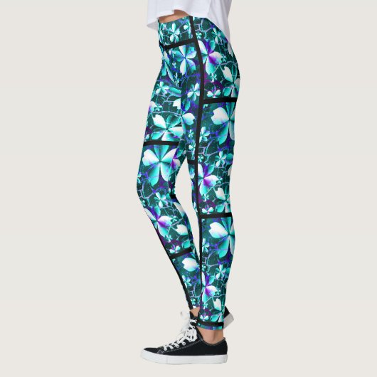 Crackle Flower Pattern Blauw Paarse Blauwgroen Leggings (Links)