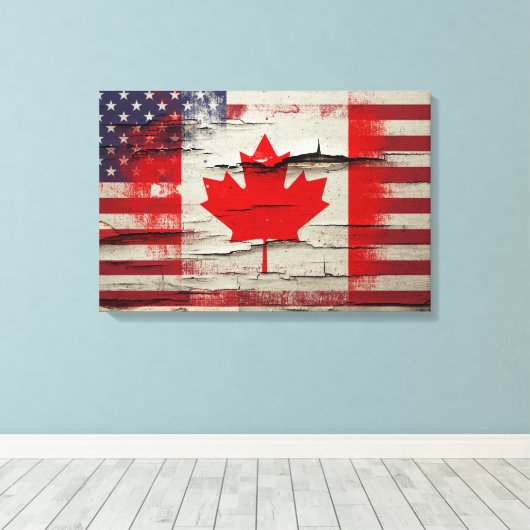 Crackle Paint | Canadese Amerikaanse vlag Canvas Afdruk (Insitu (Houten vloer))