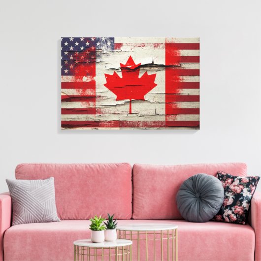 Crackle Paint | Canadese Amerikaanse vlag Canvas Afdruk (Insitu (Woonkamer))