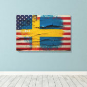 Crackle Paint | Zweedse Amerikaanse vlag Canvas Afdruk (Insitu (Houten vloer))