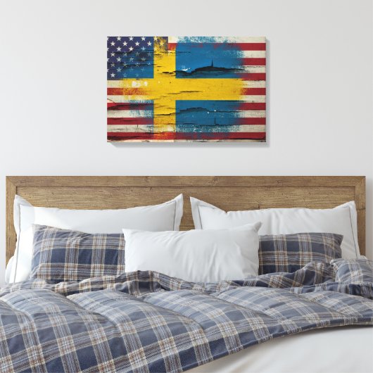 Crackle Paint | Zweedse Amerikaanse vlag Canvas Afdruk (Insitu (Slaapkamer))