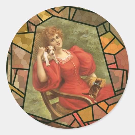 Crackle Tegel - Dame in het rood Ronde Sticker (Voorkant)