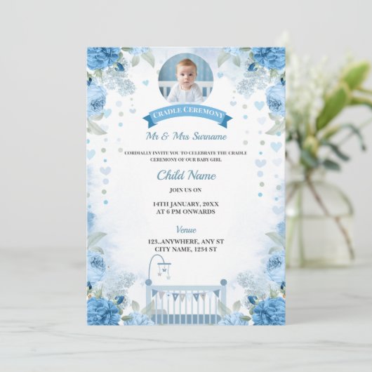 Cradle Ceremony Invitation Kaart Boy, naamgevingsd (Staand voorkant)