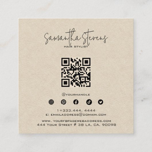 Craft Paper HairScript Typografie Vierkante Visitekaartje (Achterkant)