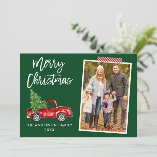 Craft Tape Brush Script Red Truck Green Feestdagenkaart (Staand voorkant)