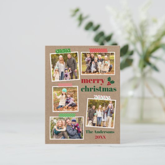 Craft Tape Holly Merry Kerstmis 5 Foto Kraft Briefkaart (Staand voorkant)