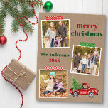 Craft Tape Red Truck Briefkaart<br><div class="desc">Merry Christmas 3 Photo Collage Holiday Briefkaart bevat Craft Tape en Waterverf  Red Truck met kerstboom. Rustiek kraftpapier.</div>