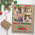 Craft Tape Red Truck kerstkraft Foto Briefkaart<br><div class="desc">Vrolijk kerstfeest 4 Briefkaart voor collage feestdag bevat Craft Tape en Waterverf  Red Truck met kerstboom. Rustic Kraft Paper.</div>