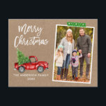 Craft Tape Truck Brusch Kraft Kerstmis Briefkaart<br><div class="desc">Modern Brush Script Waterverf  Rode Vrachtwagen met Kerstboom Vrolijk Kerstfeest Familie Foto Briefkaart - Rustiek Kraft Papier,  Sneeuwvlok Groene Craft Tape</div>